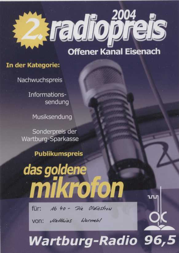 Urkunde für den Publikumspreis 2004 vom Wartburgradio